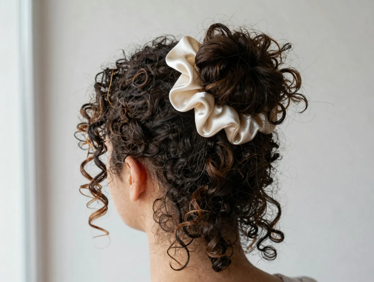 Messy top knot bun with curls using a satin scrunchie