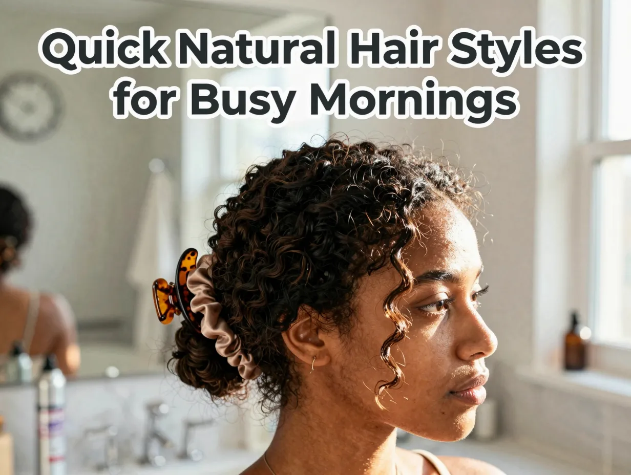 Confident person low bun morning rush bathroom clock textured hair