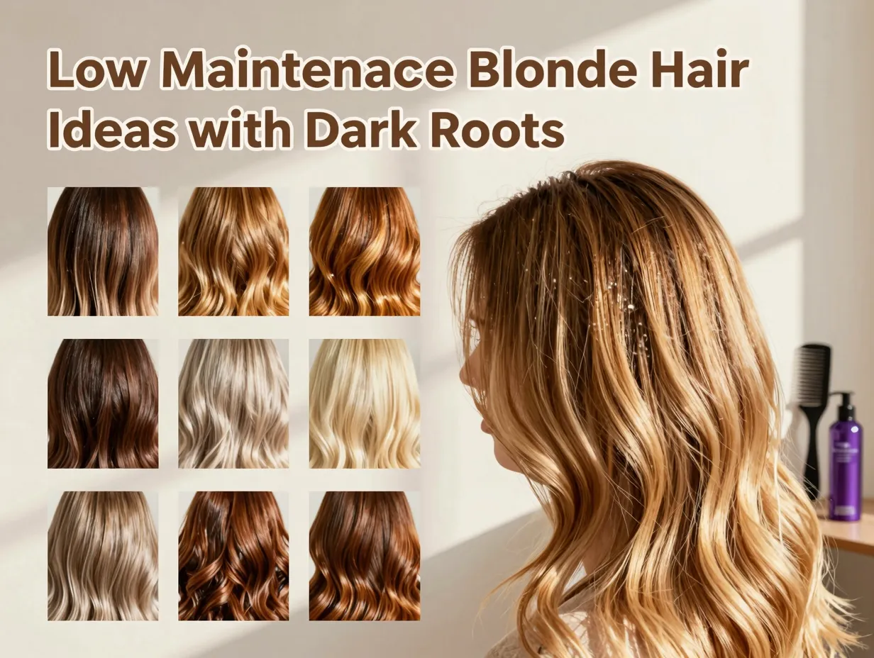 Dark root blonde balayage honey highlights swatch grid style