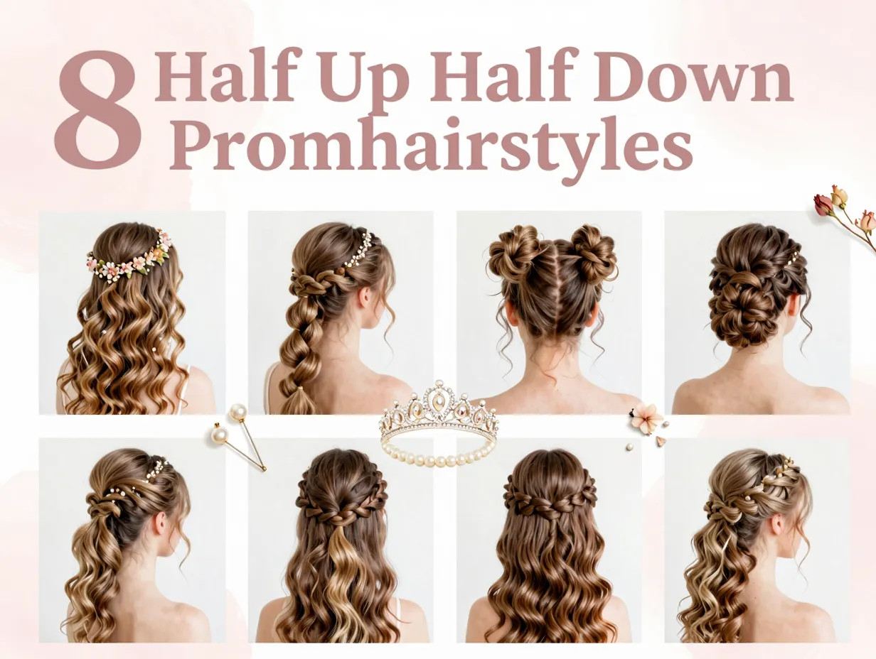 Flat lay eight prom hairstyle samples pastel pearls tiara accessories