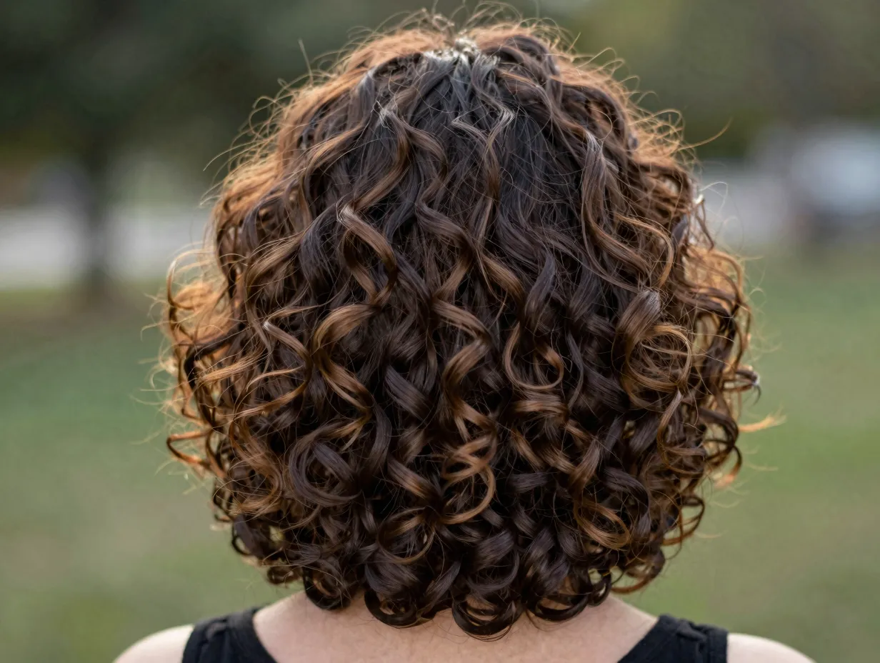 Classic crown layer butterfly cut curly hair lifted volume silhouette