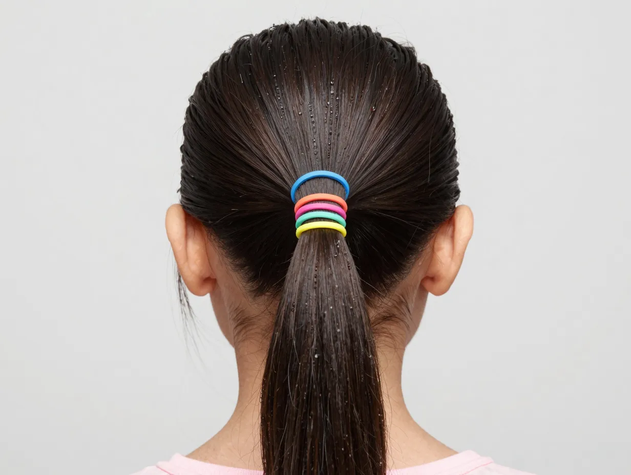 Classic rubber band ponytail with multiple bands on stretched natural hair
