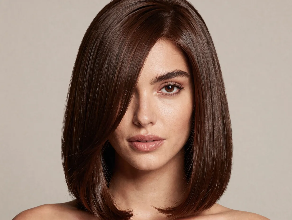 Coffee mocha brunette single process gloss on brown hair in salon