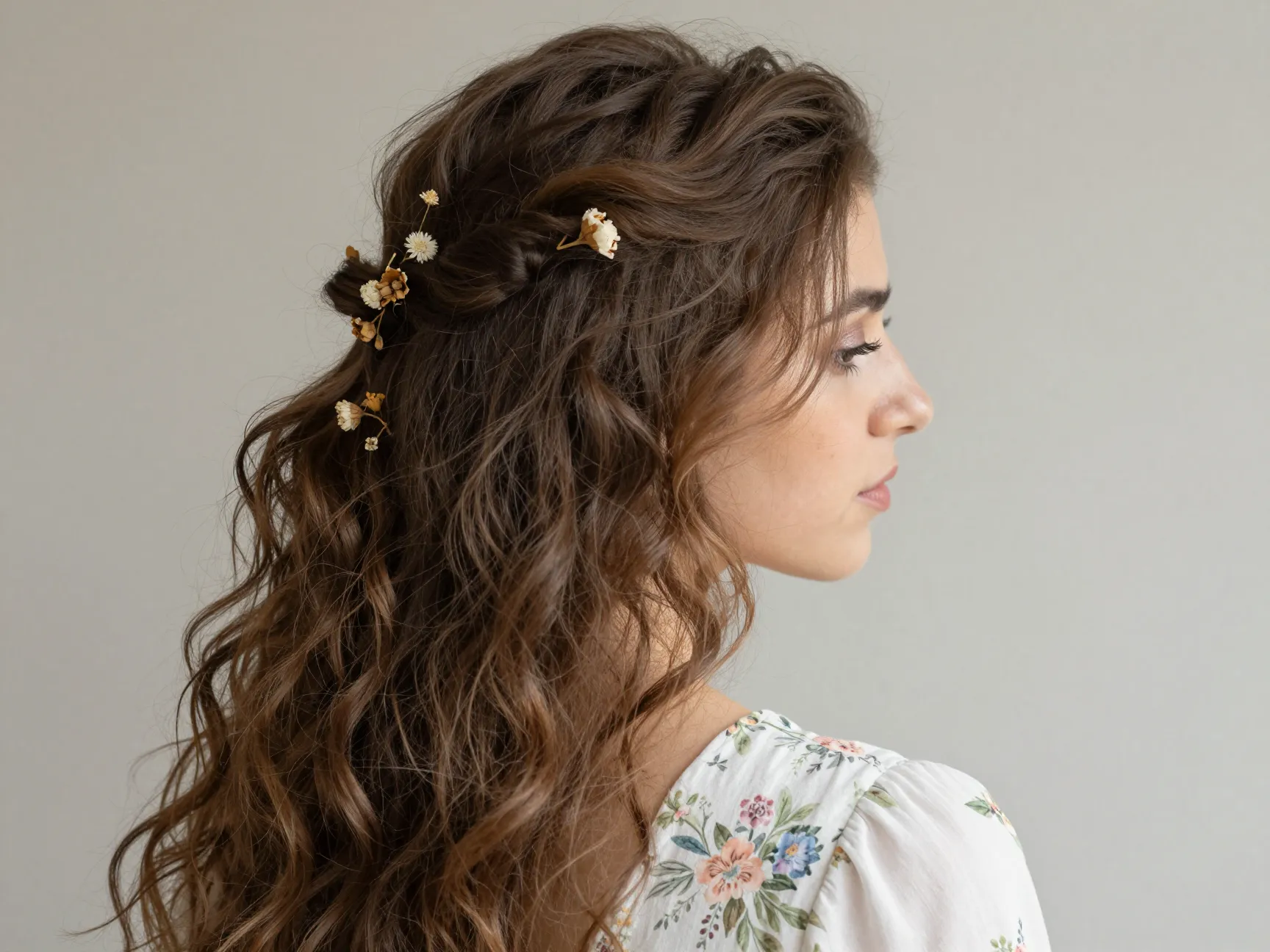 Long wavy hair with loosely pinned top and flower clips