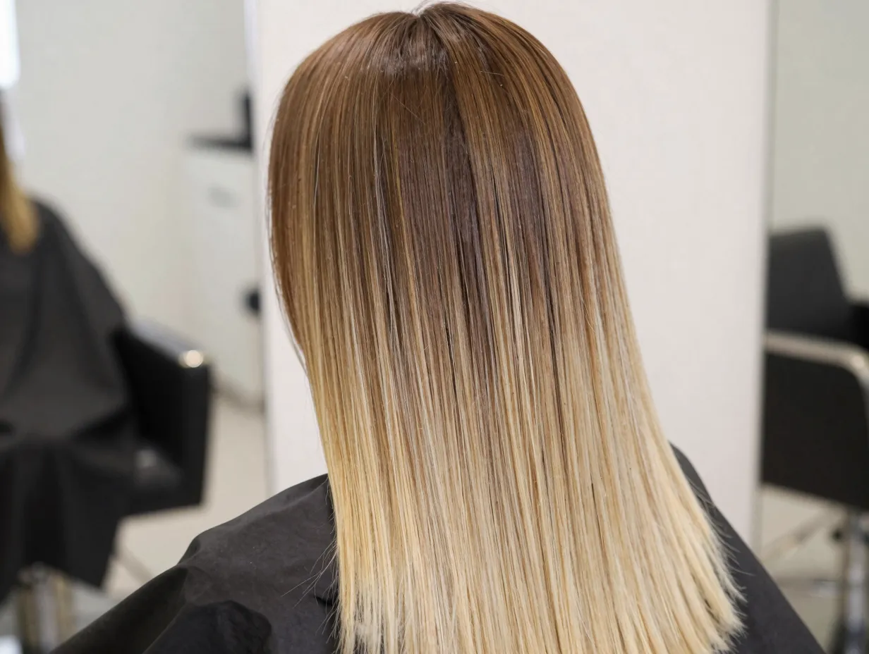 Shadow root blonde on woman with straight brown and blonde hair