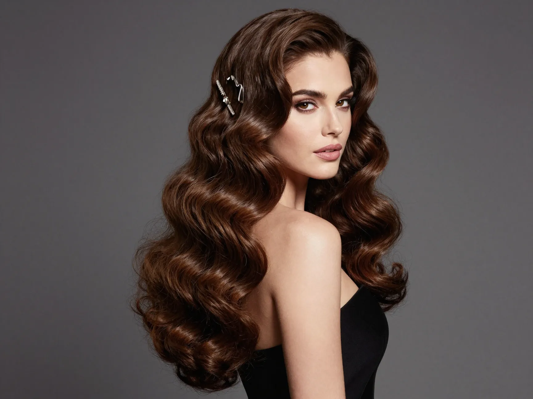 A woman with long brown curly hair styled into glamorous hollywood waves