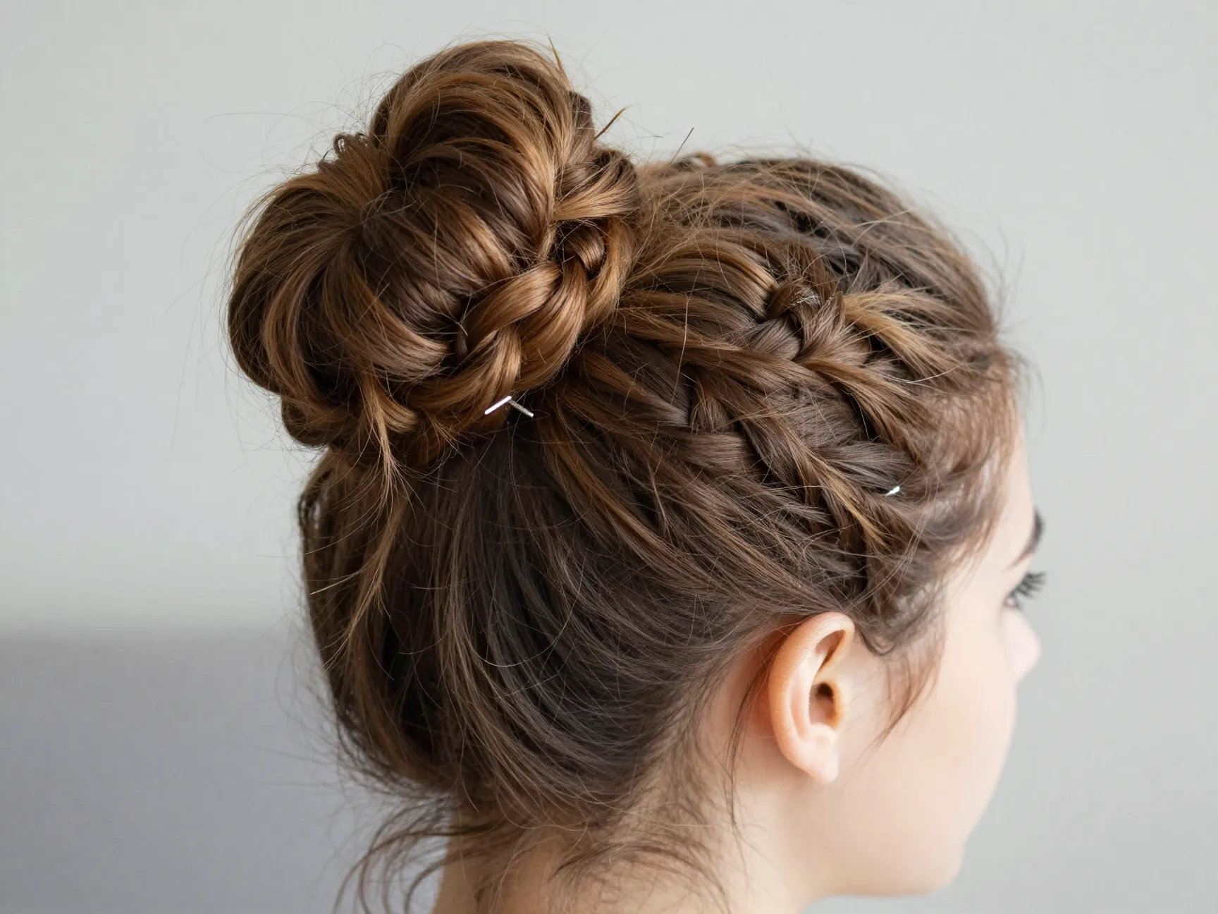 Braided top bun with dutch braid and messy bun finish