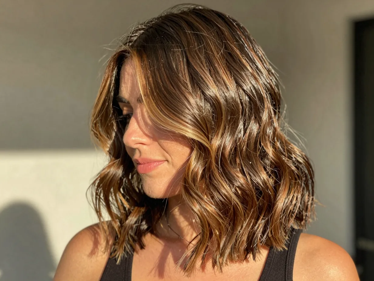 Bronde balayage on brunette woman with wavy shoulder length hair