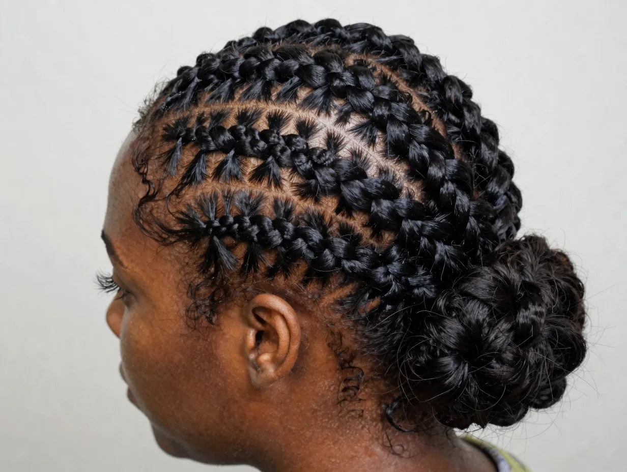 Goddess braids slicked back into an updo hairstyle close up