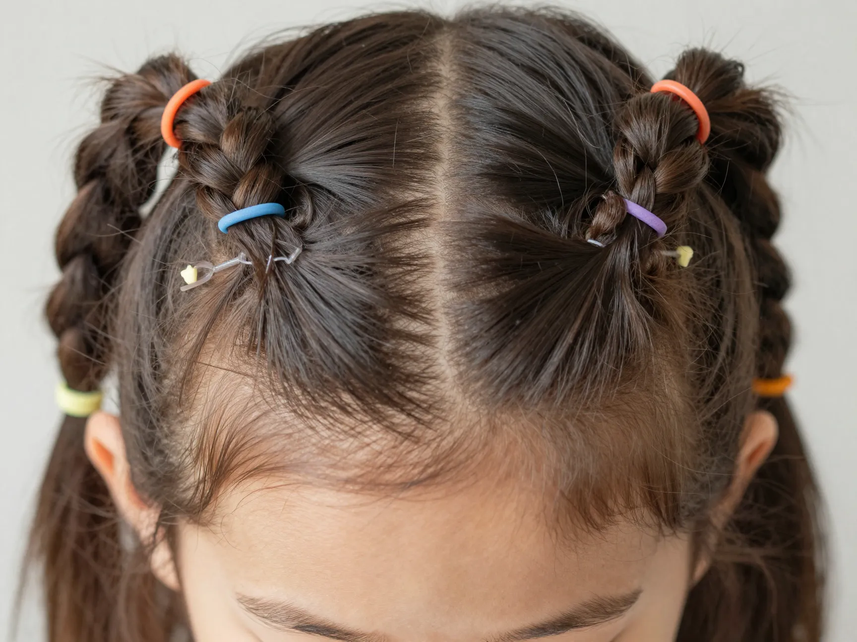Two strand twists with rubber band bases on four natural hair sections