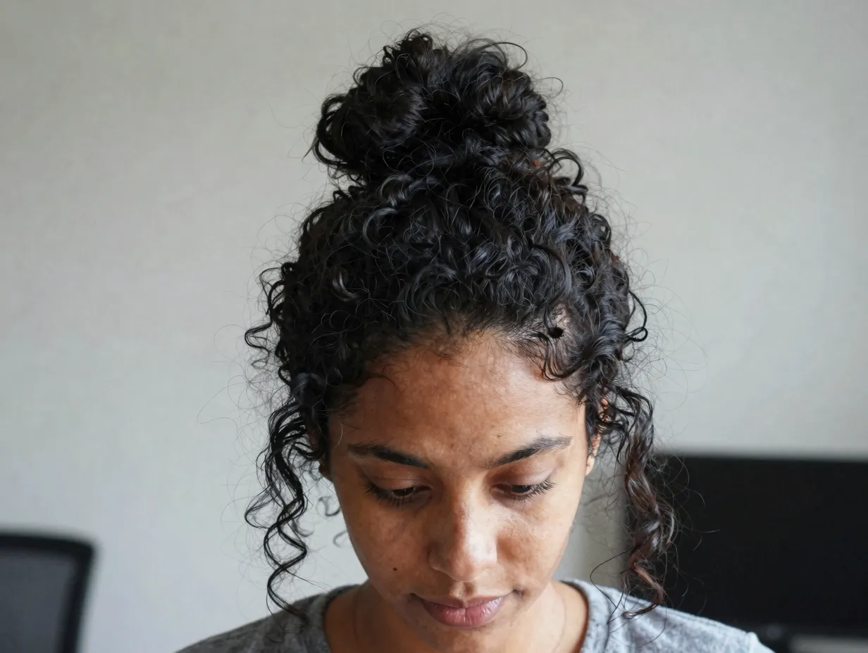A woman with long curly black hair in a voluminous high messy bun