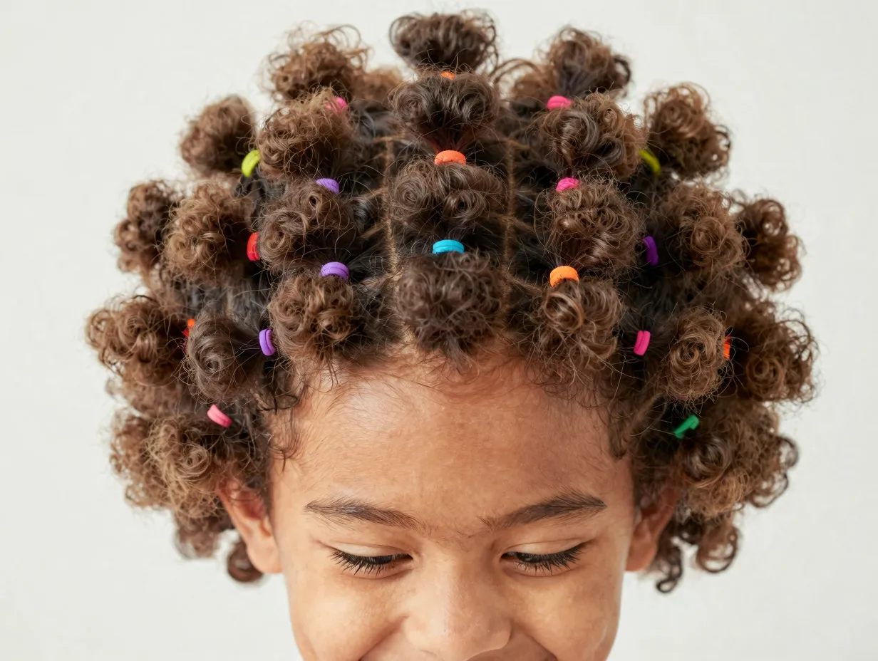Grid of fluffy puffs from rubber band box sections on natural hair
