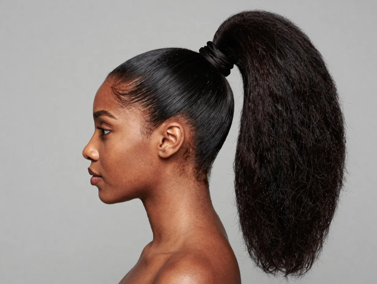 Sleek high ponytail with volume on a black woman