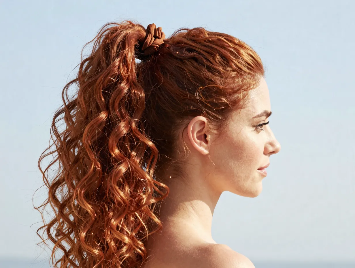 A woman with long curly auburn hair secured in a high pineapple ponytail