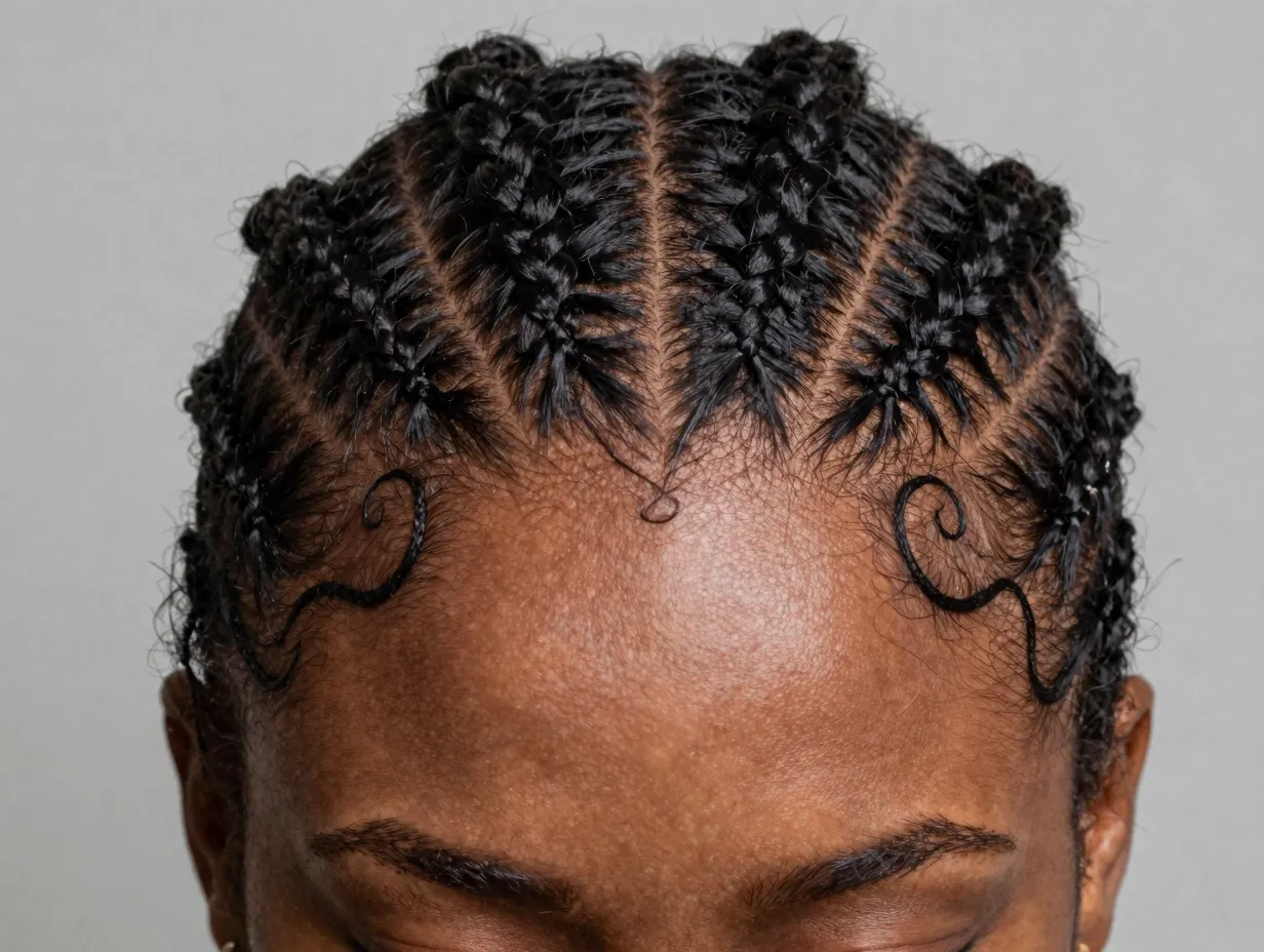 Cornrow slick back with face framing patterns detail