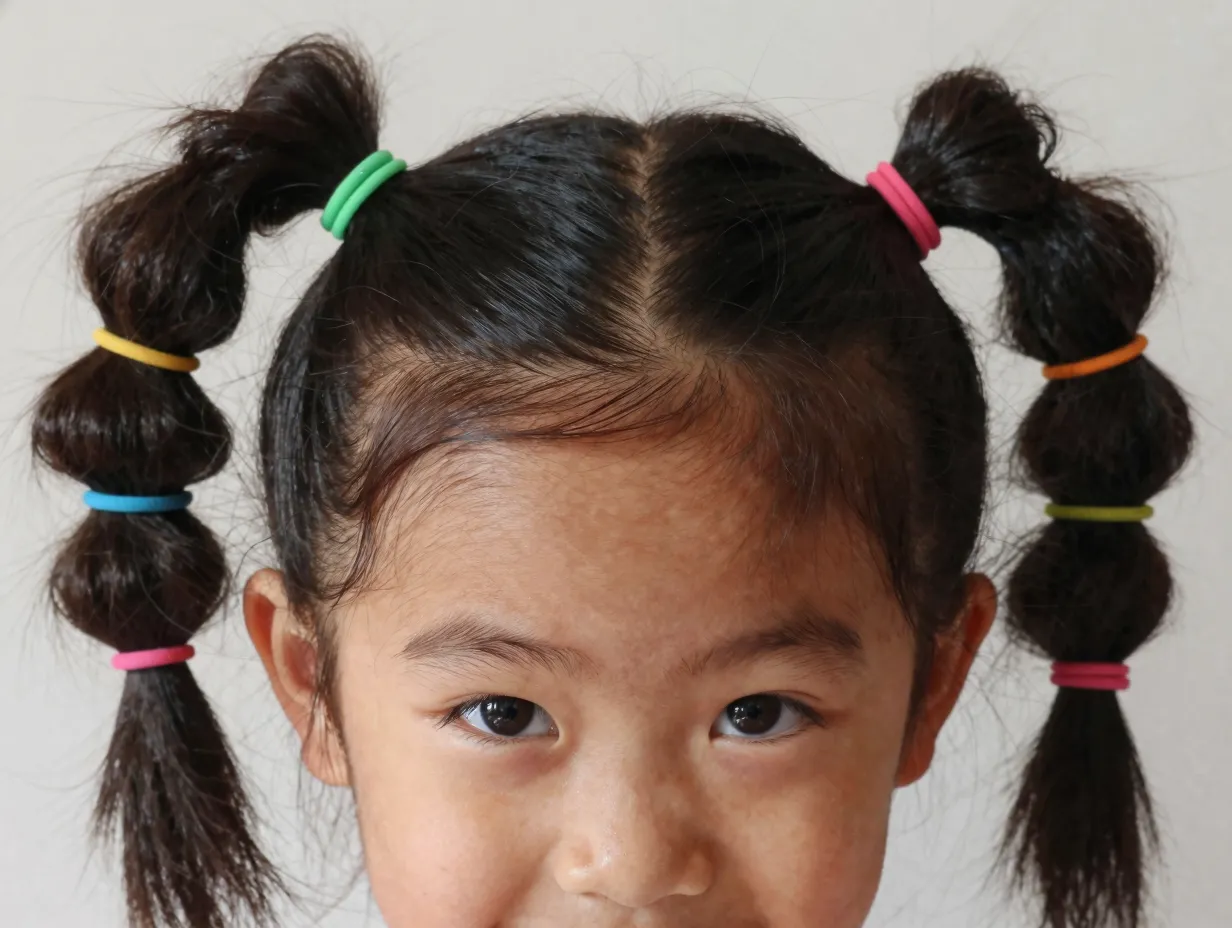 Double puffs pigtails with multiple rubber bands on each side