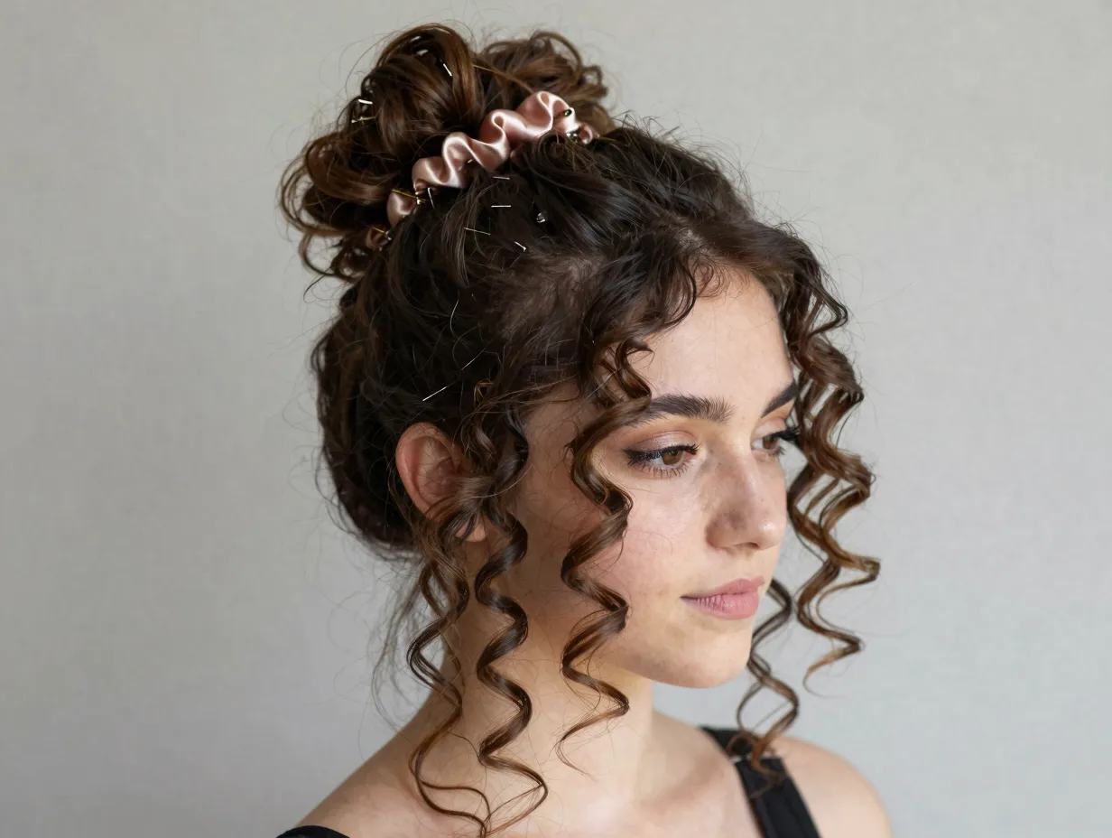 Loose messy bun with curls framing the face