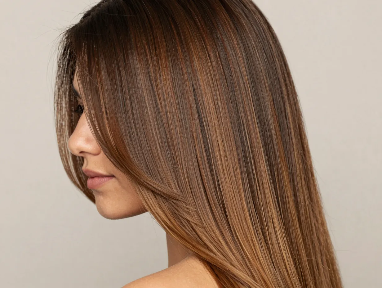 Mid tone brunette ombre medium brown roots to lighter brown ends