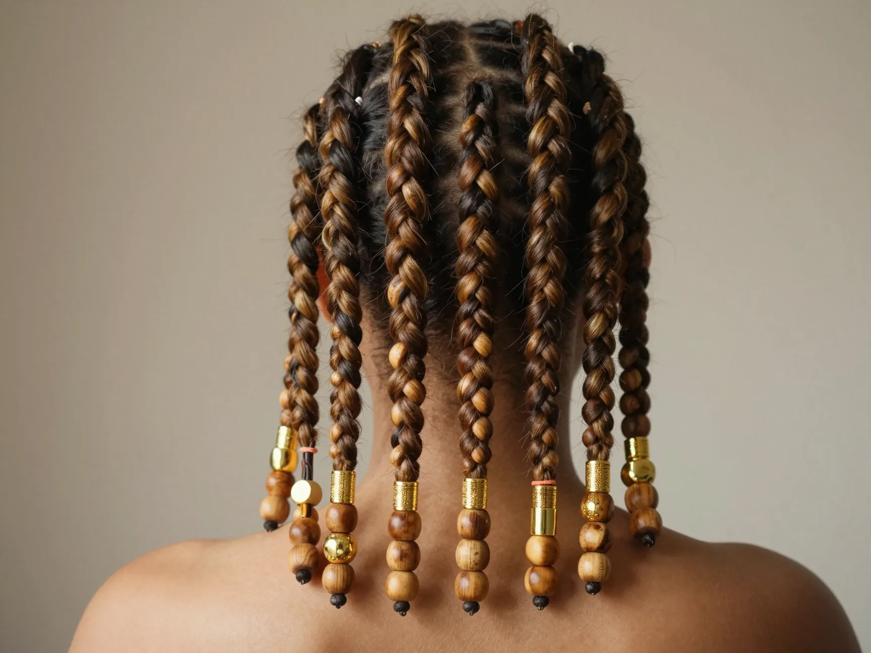 Straight back cornrows with decorative wooden and gold bead accents