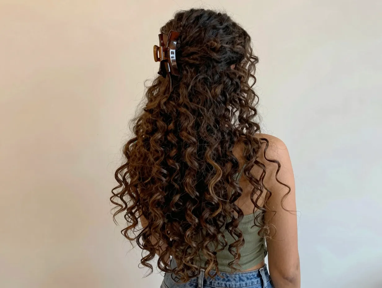 A woman with long curly hair styled in a half up half down look with a large clip