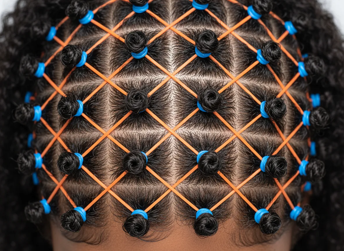 Criss cross woven rubber band pattern on a natural hair grid