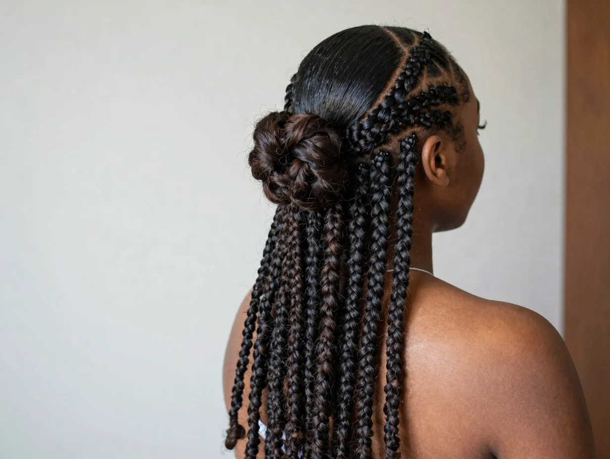 Half up half down slicked style with faux locs bow tie bun
