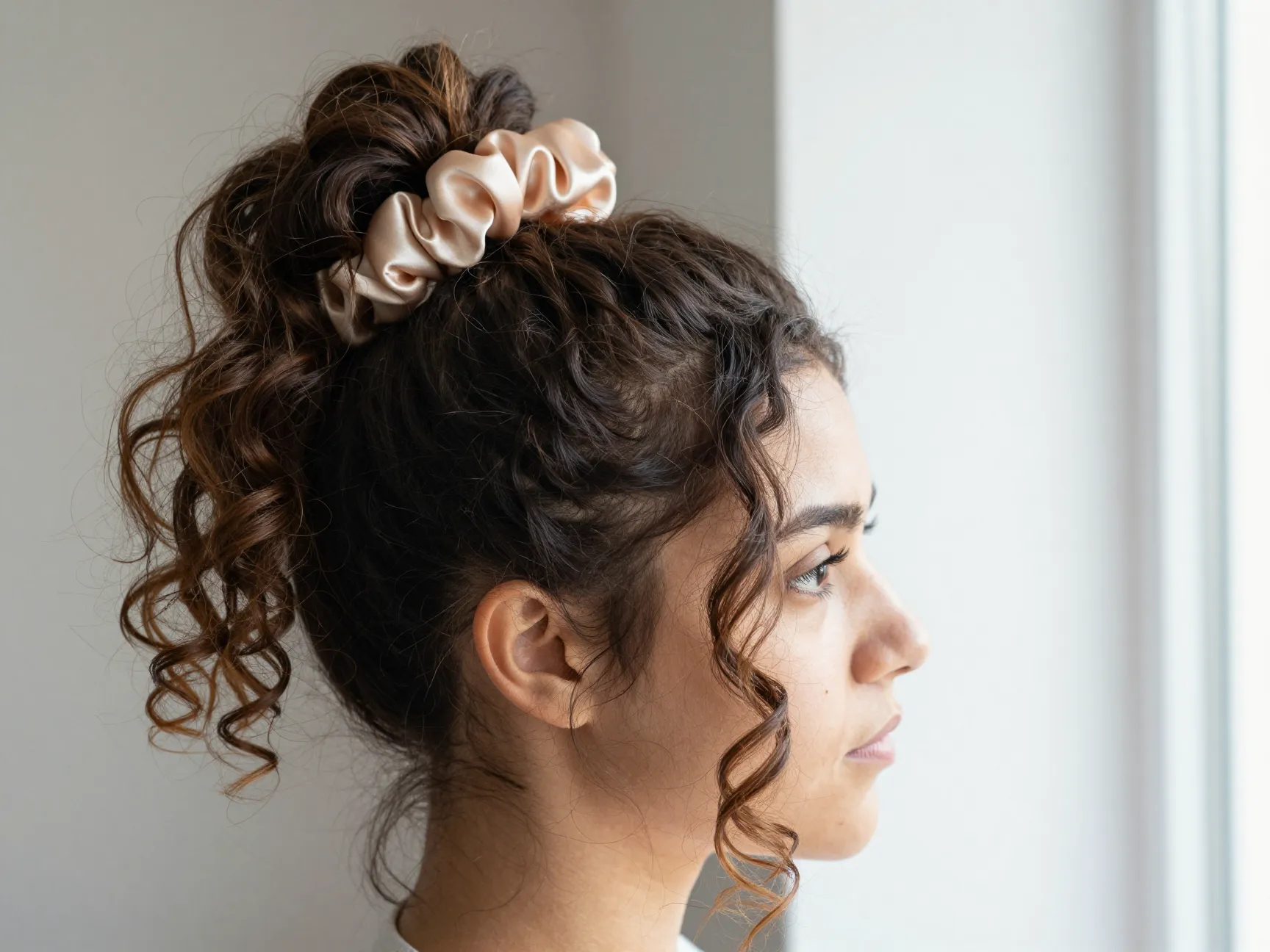 High protective pineapple updo with satin scrunchie and face framing curls