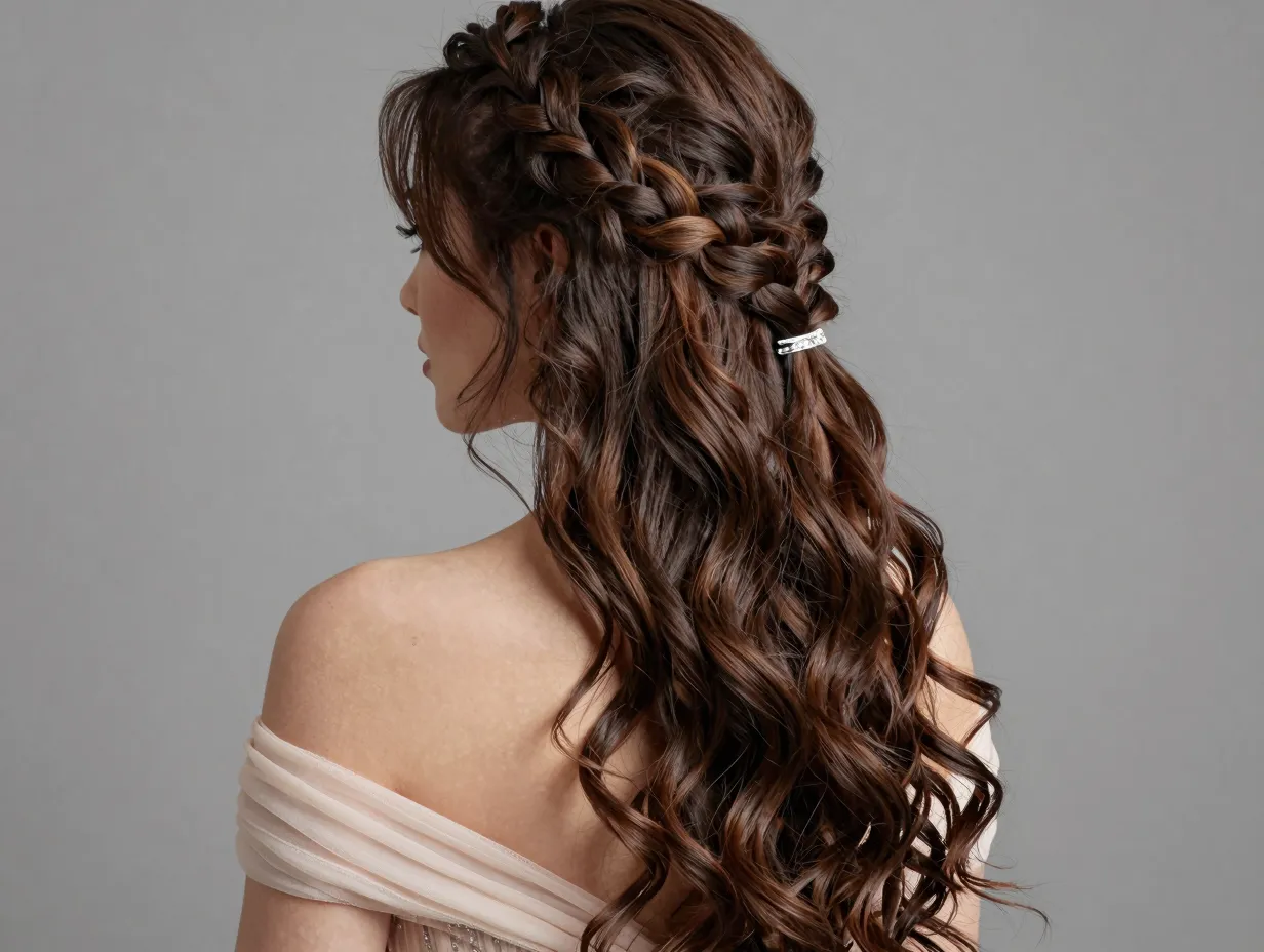 Long hair with a side waterfall braid and loose waves