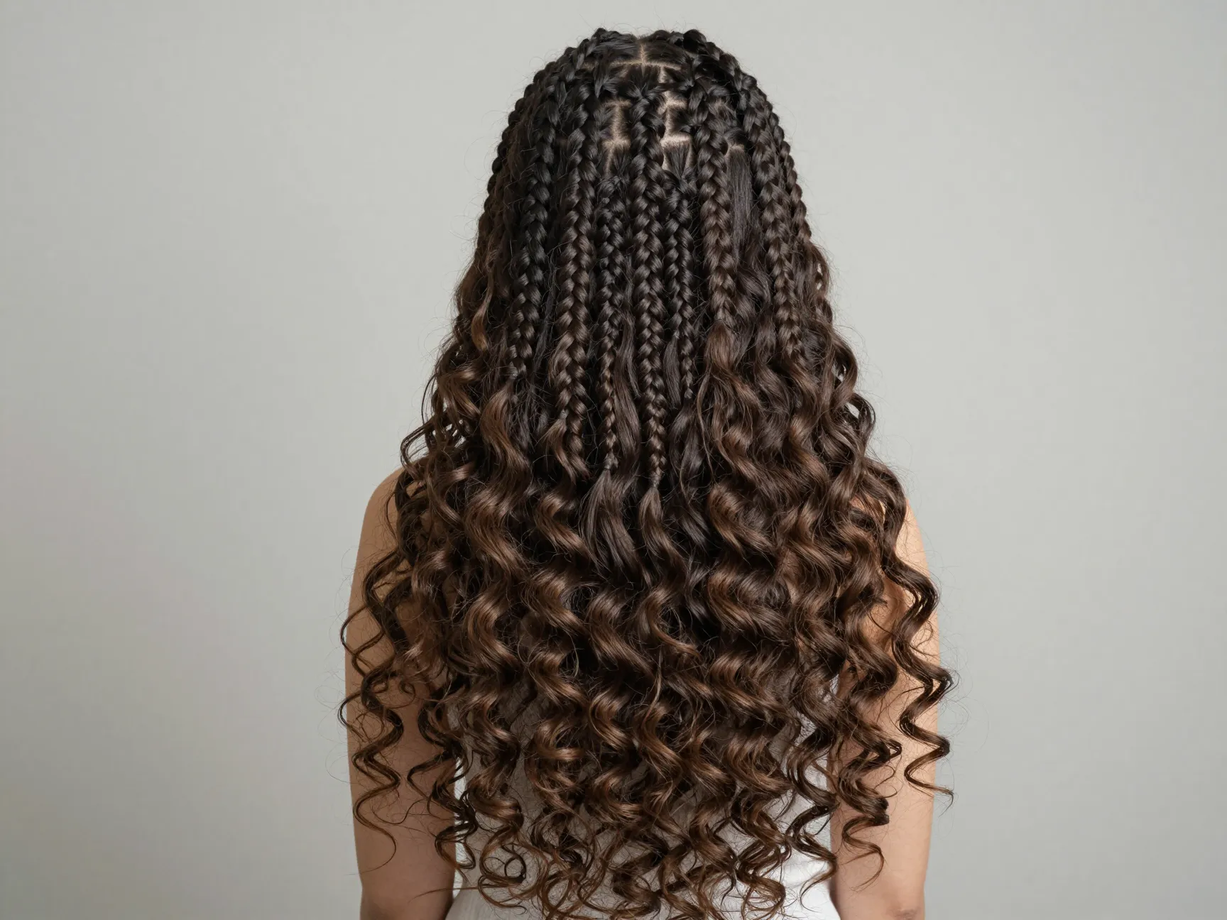 Straight back cornrows with loose curly water wave ends on extensions