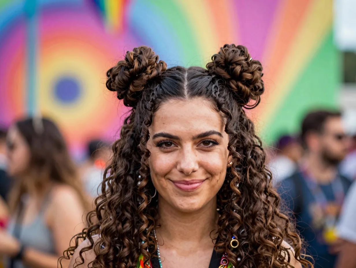 A woman with long curly hair styled into two playful high space buns