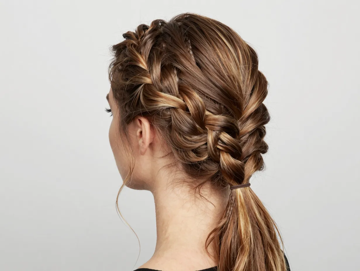 Asymmetrical loose french braid with pulled sections for volume