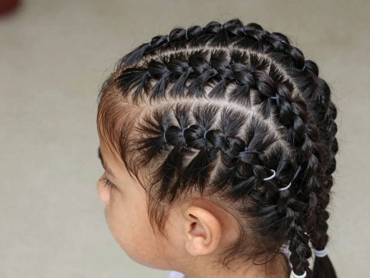 Feed in band style mimicking cornrows on horizontal natural hair rows