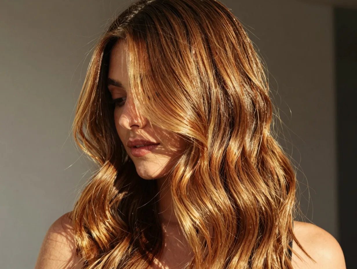 Honey brown balayage sun kissed golden honey tones on mid lengths