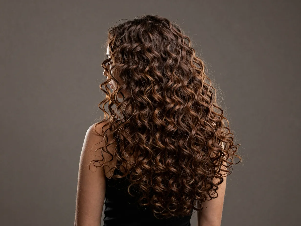 Long butterfly cut curly hair past shoulders length with crown lift