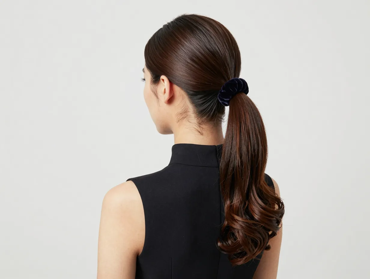 Sleek high ponytail with curled ends and velvet scrunchie