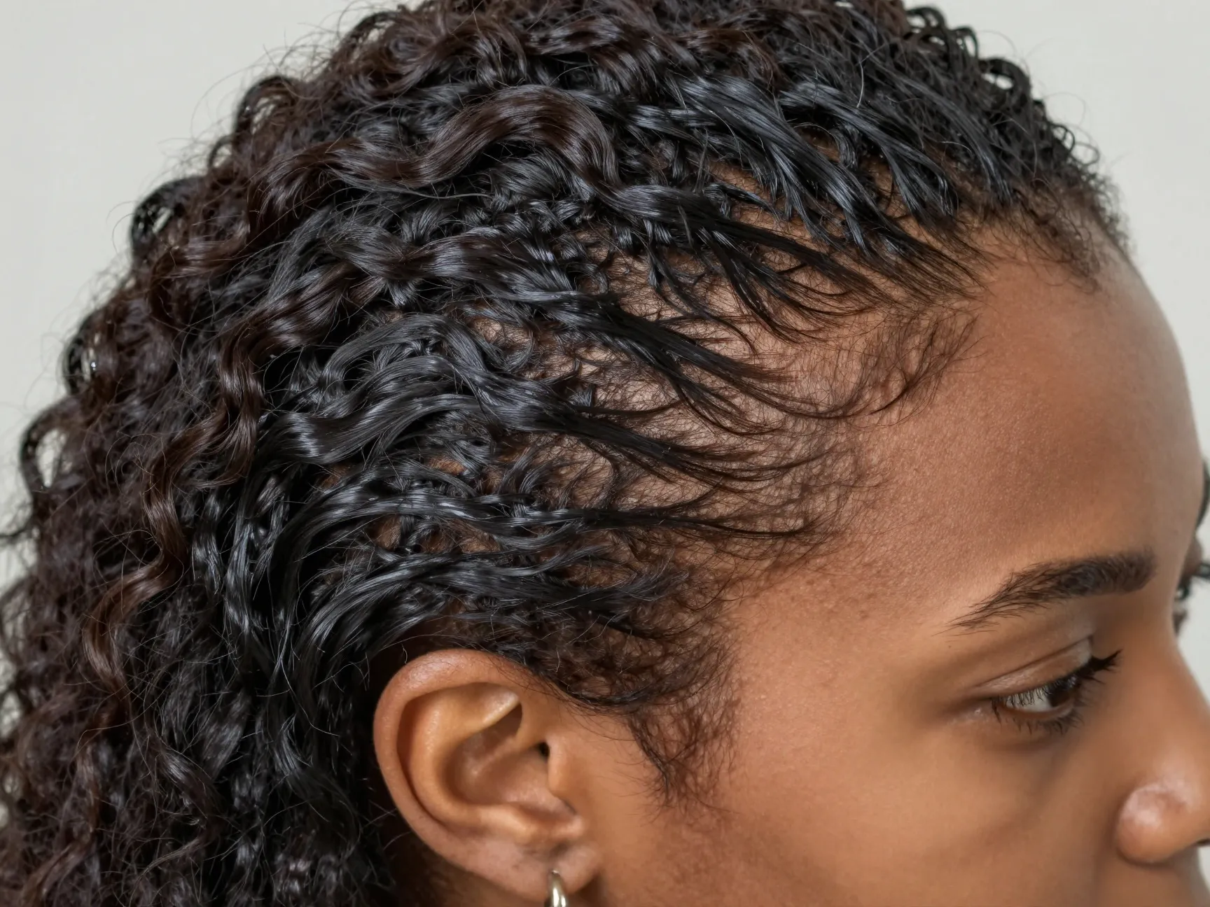 Slicked back natural wash and go hairstyle texture detail