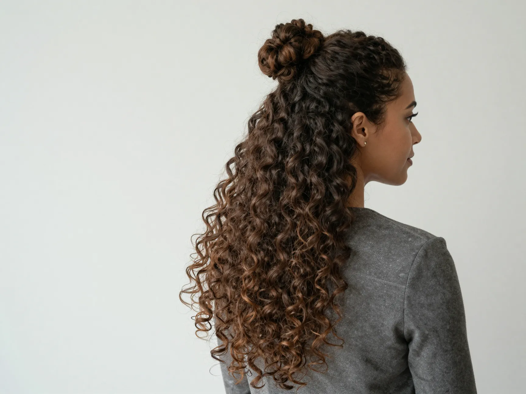 A woman with long curly hair in a half up top knot with curls cascading down
