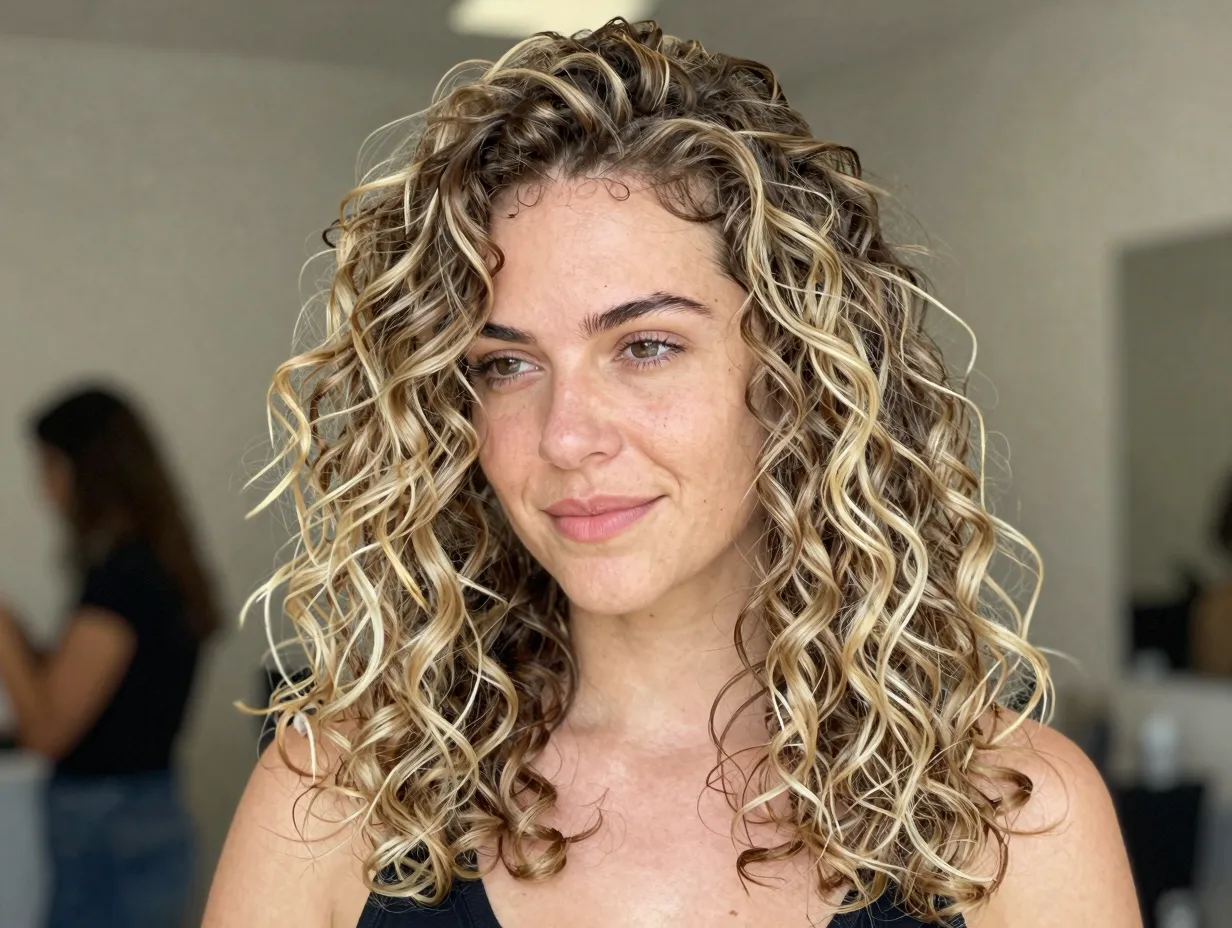 Lived in blonde on curly haired woman with natural grown out roots