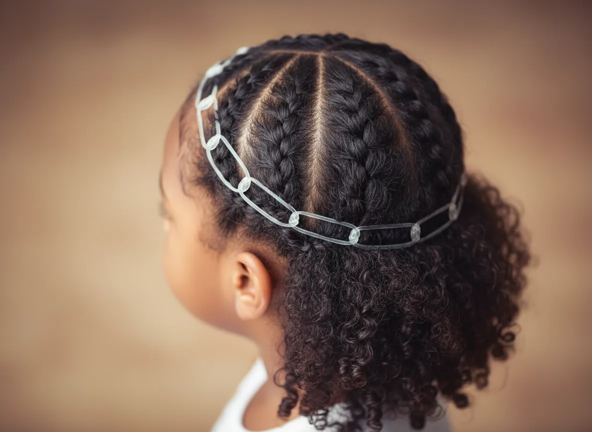 Rubber band crown halo with free hanging central natural hair