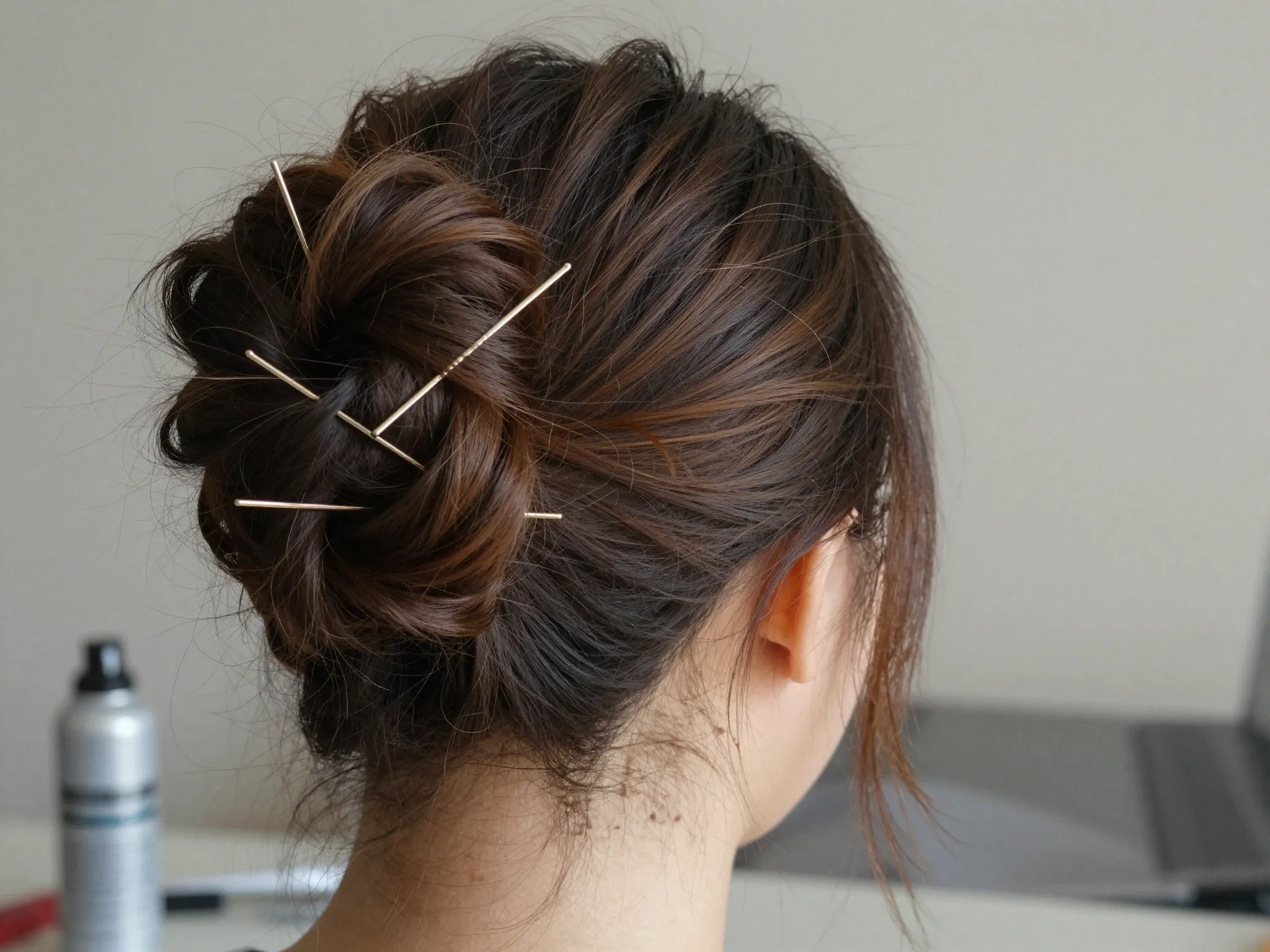 Twisted messy updo for second day hair with bobby pins