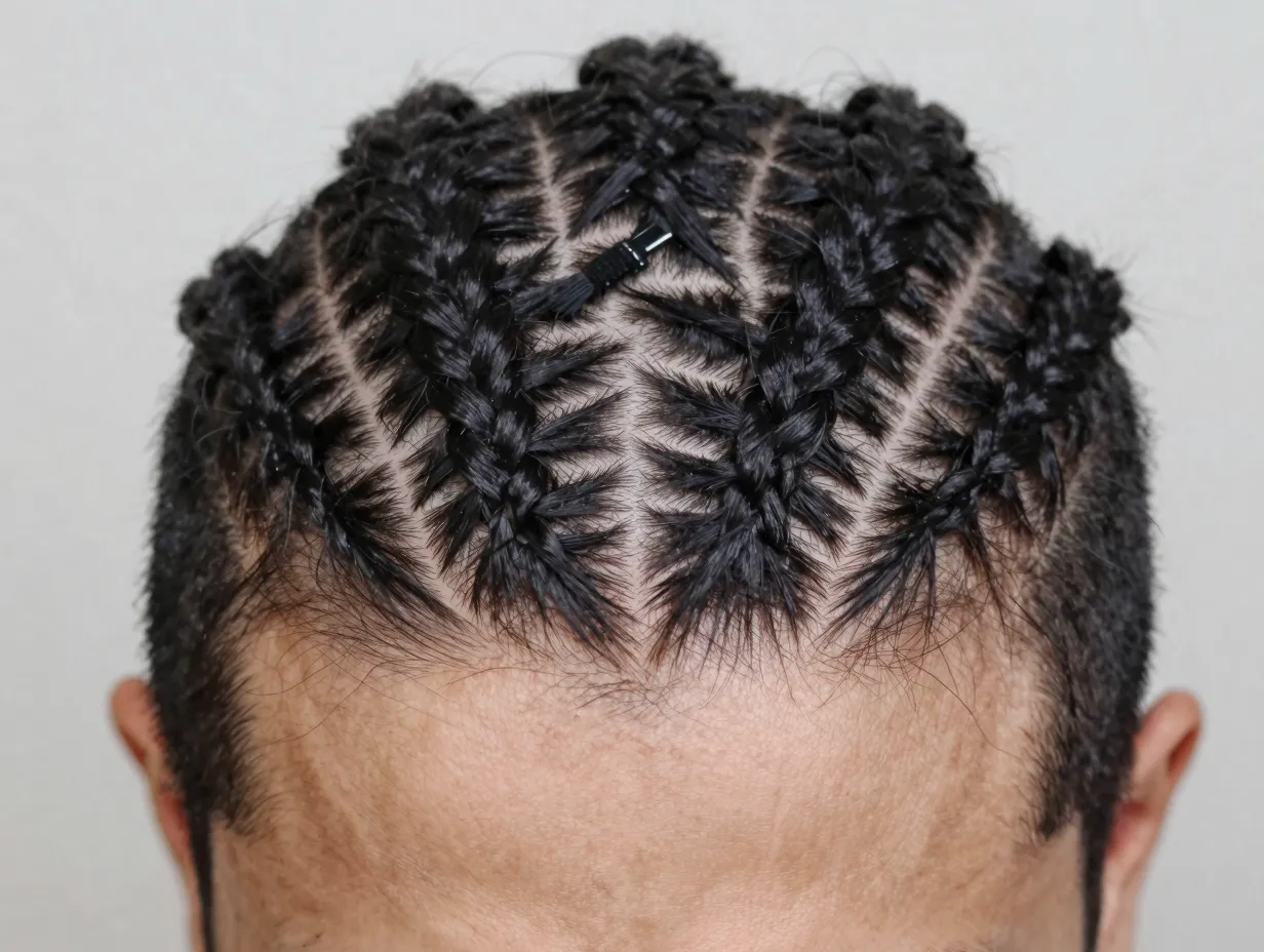 Zigzag part straight back cornrows with geometric hairline design