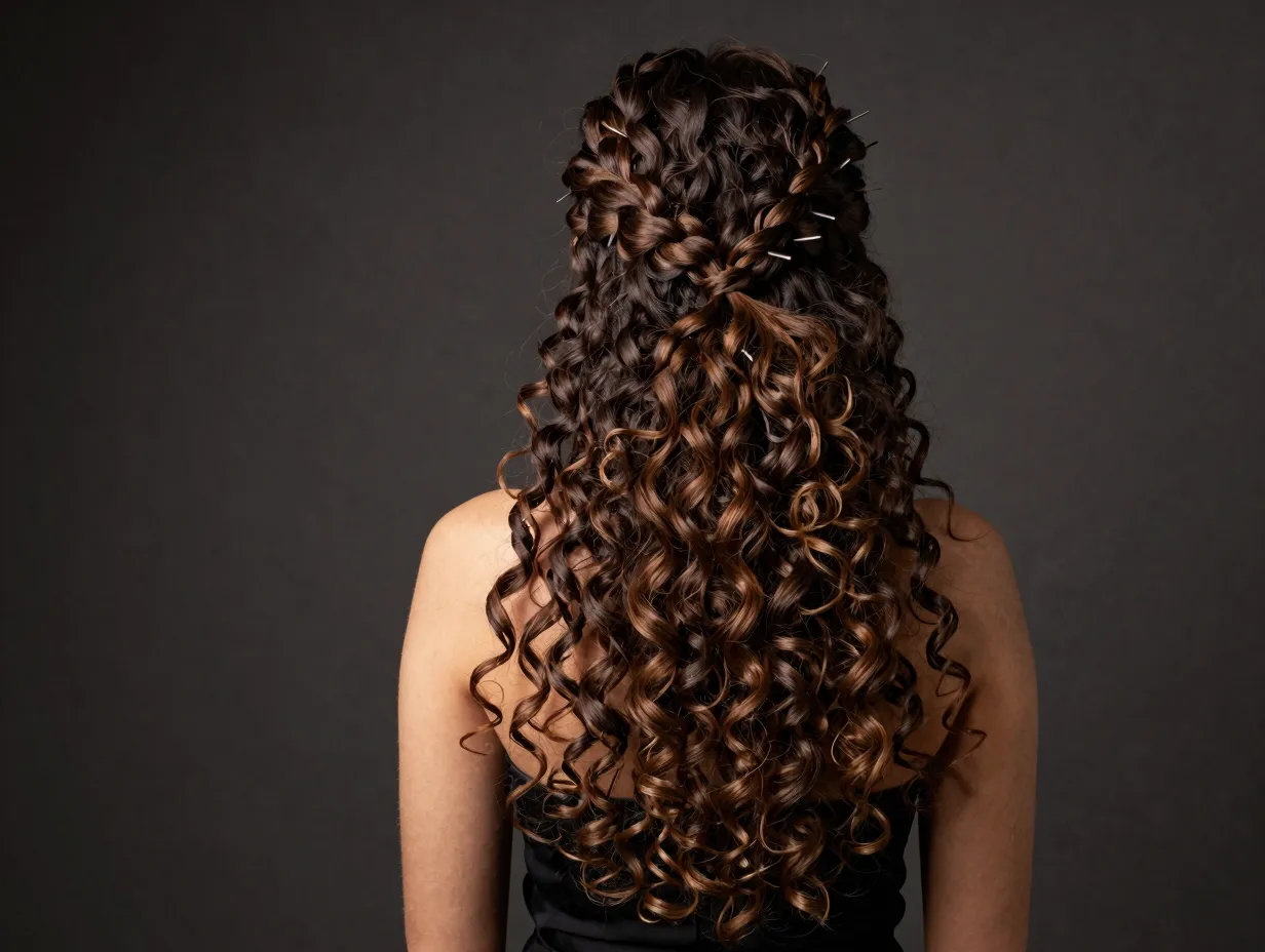 A woman with long curly hair in an elegant twisted half up ponytail