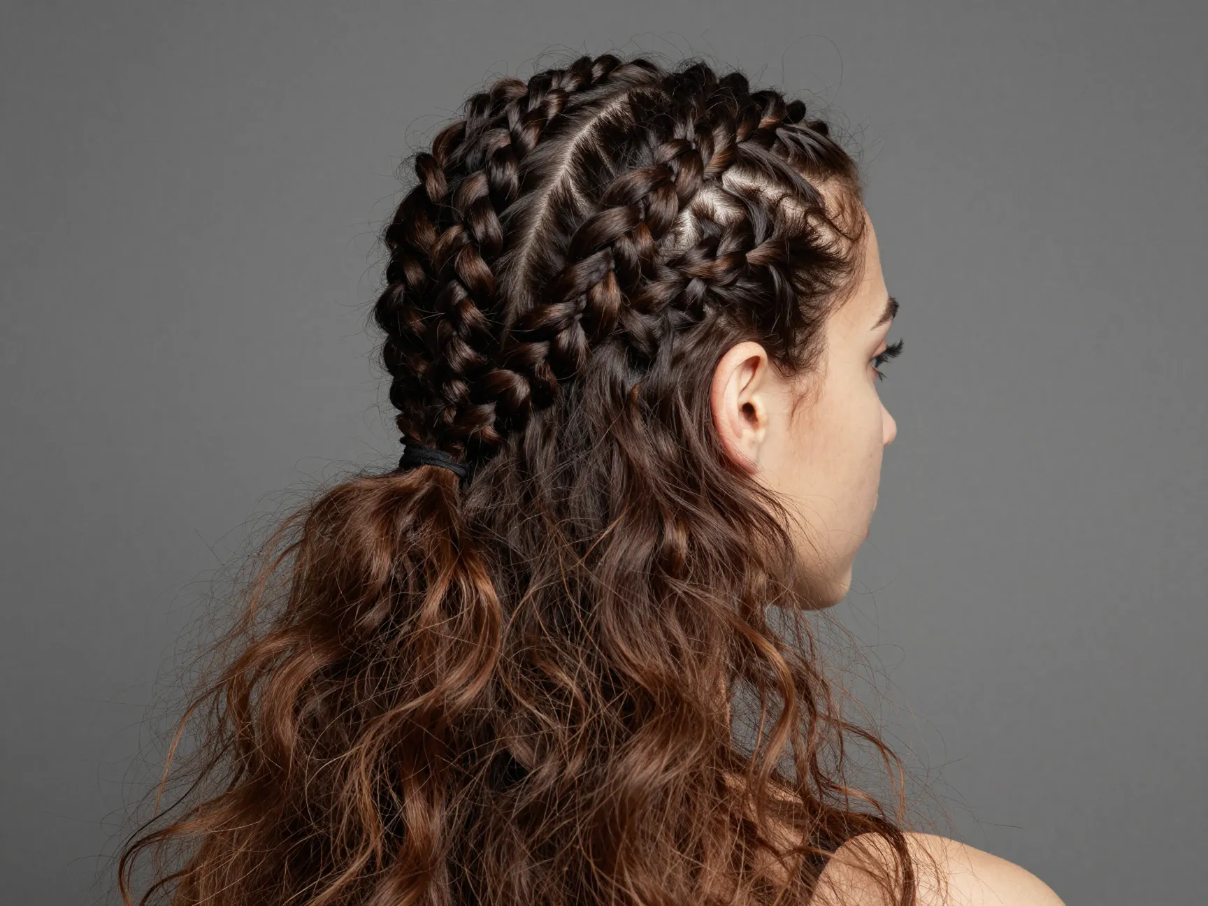 Asymmetrical side swept cornrow pigtail with contrasting loose hair