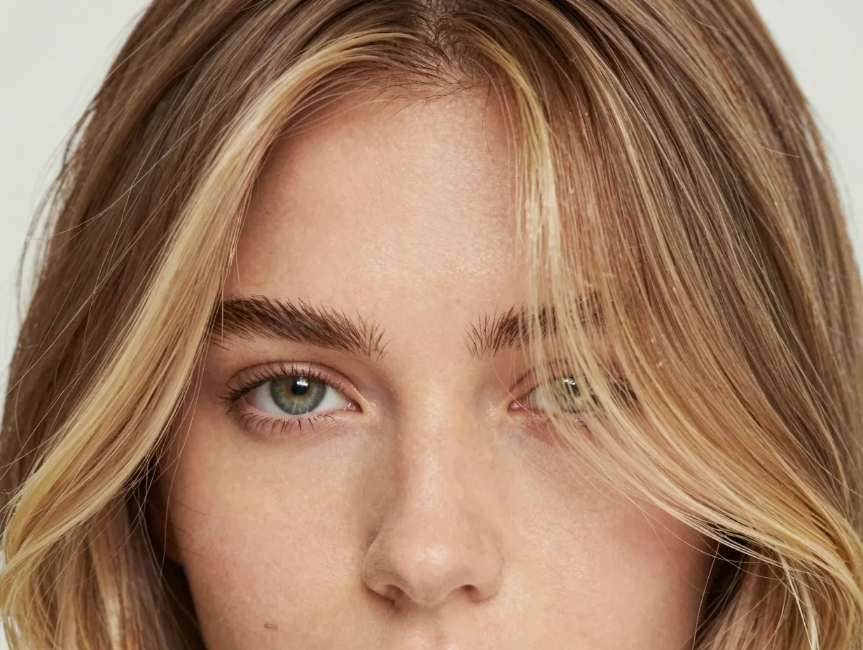 Dimensional dark blonde with face framing highlights close up