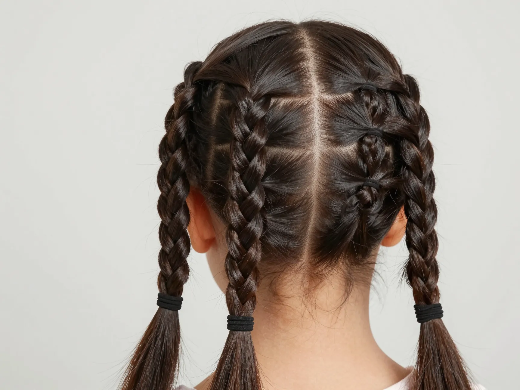 Full head of simple three strand braids with rubber band roots