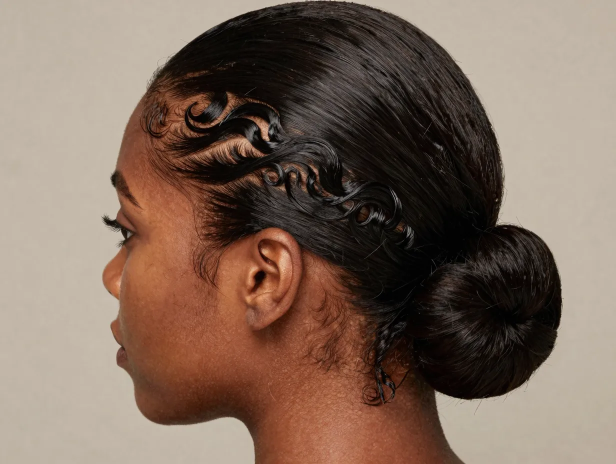 Sleek low bun with defined baby hairs intricate styling