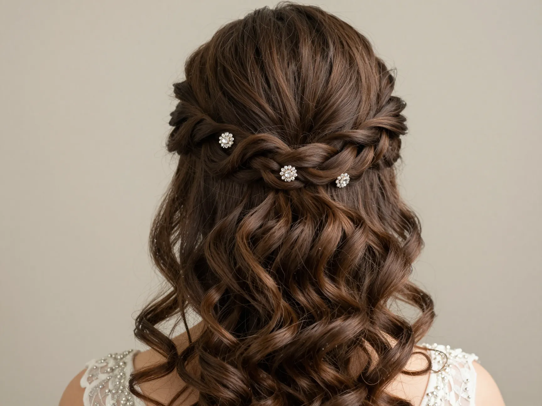 Structured twisted updo with dramatic loose curls below