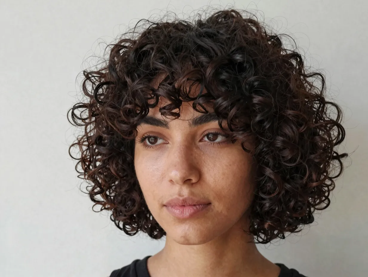 Textured butterfly bob curly hair chin length bold compact shape