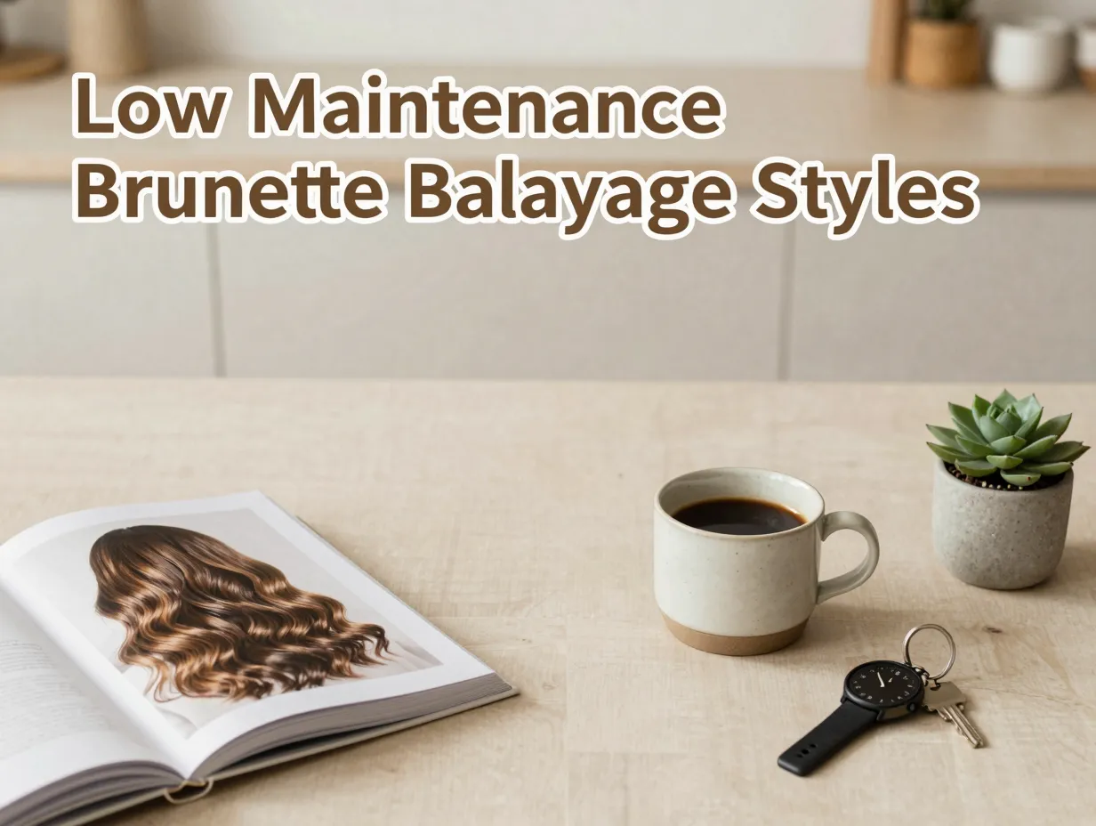 Brunette balayage hair book coffee watch key desk lifestyle