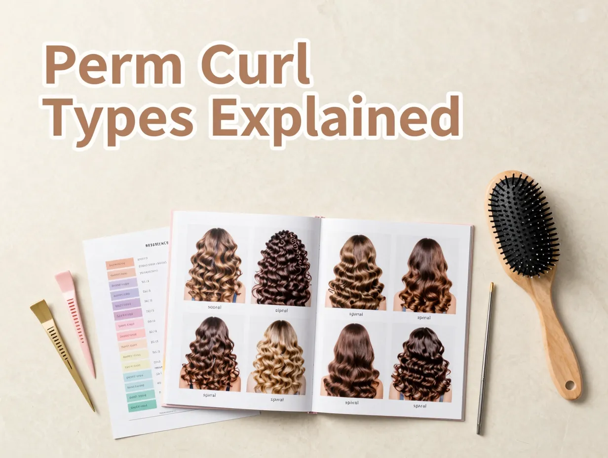 Eight perm curl samples beach wave spiral chart styling tools flatlay